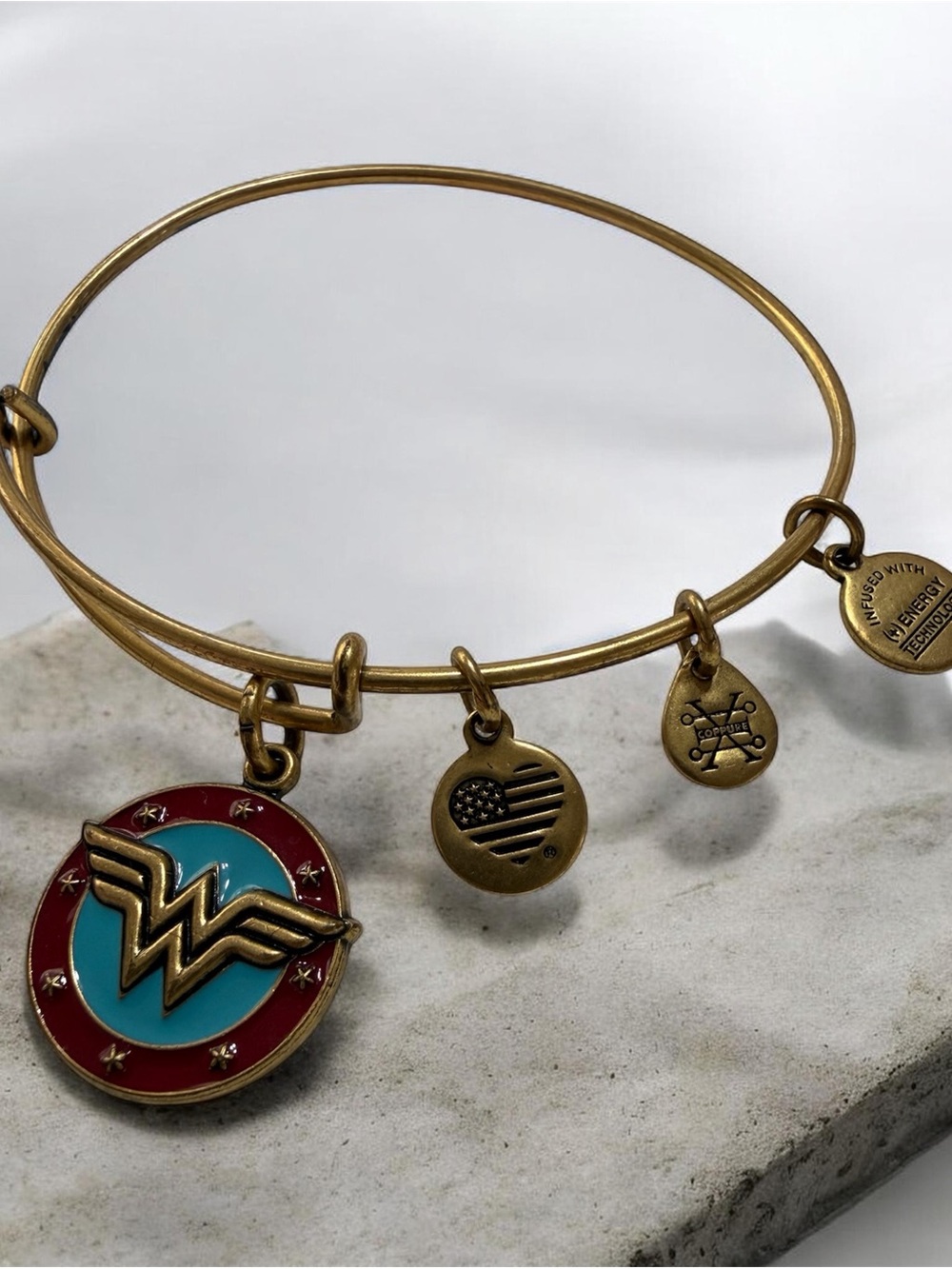 Retired Alex & Ani Wonder Woman Logo Enamel Charm Bangle Bracelet Rafaelian Gold
